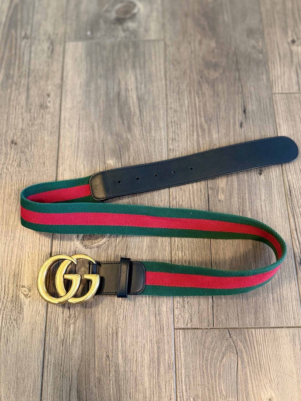 Gucci GG Marmont Web Belt Green Red Stripe Gold Double G Buckle 38”